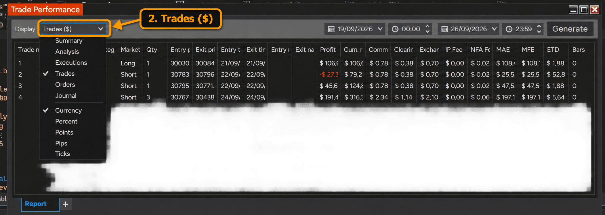 NinjaTrader Desktop Trade Performance with Trades and Currency selected
