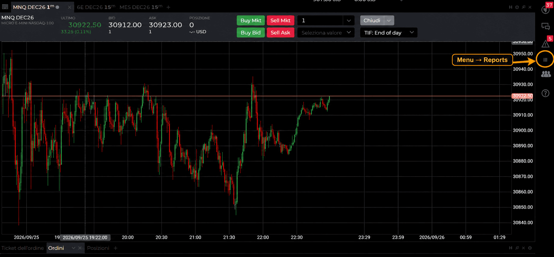 NinjaTrader Web and Tradovate Web with the Reports menu highlighted in the right sidebar