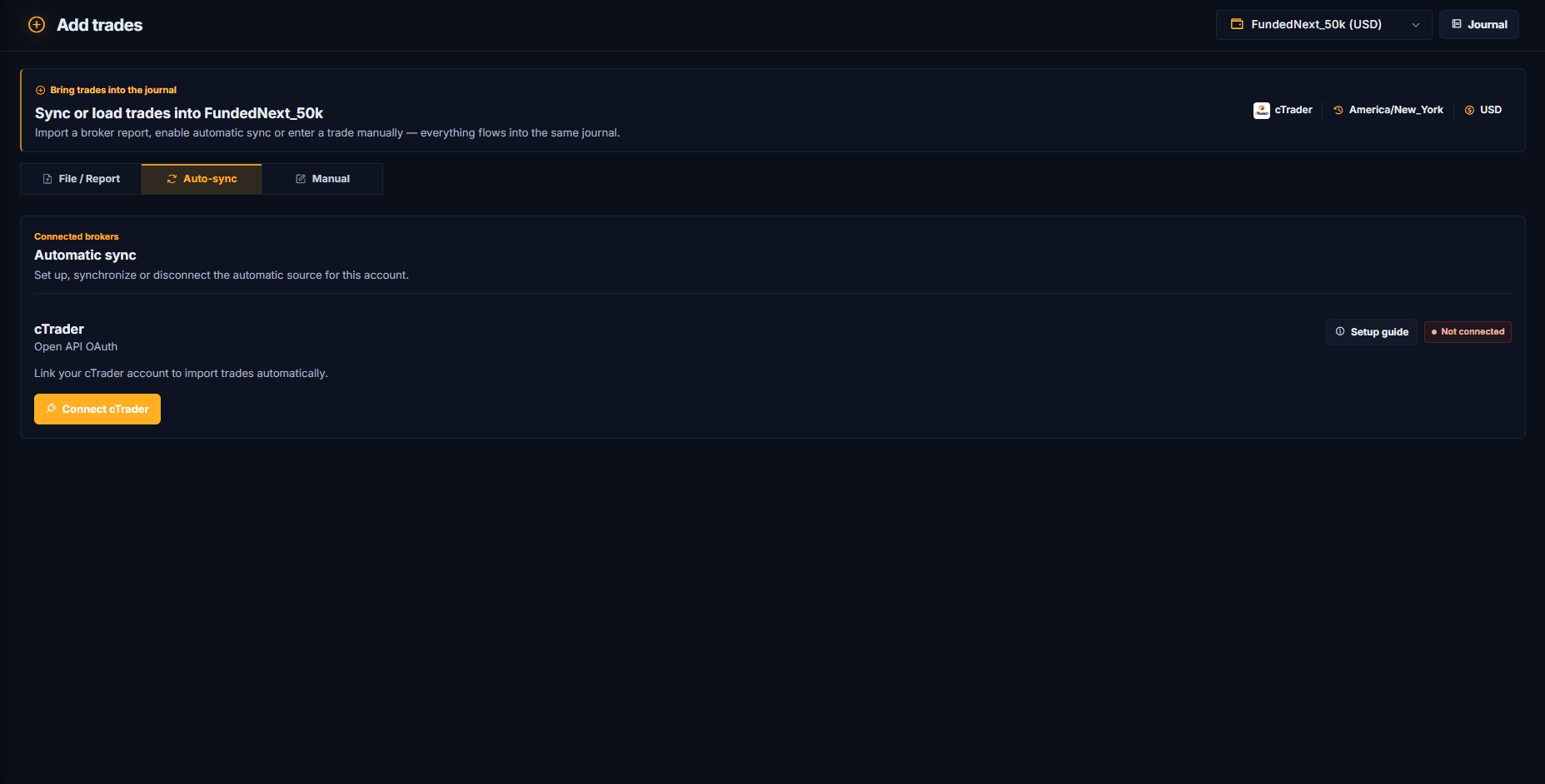 TDLab cTrader Open API OAuth connection panel in the Auto-sync tab
